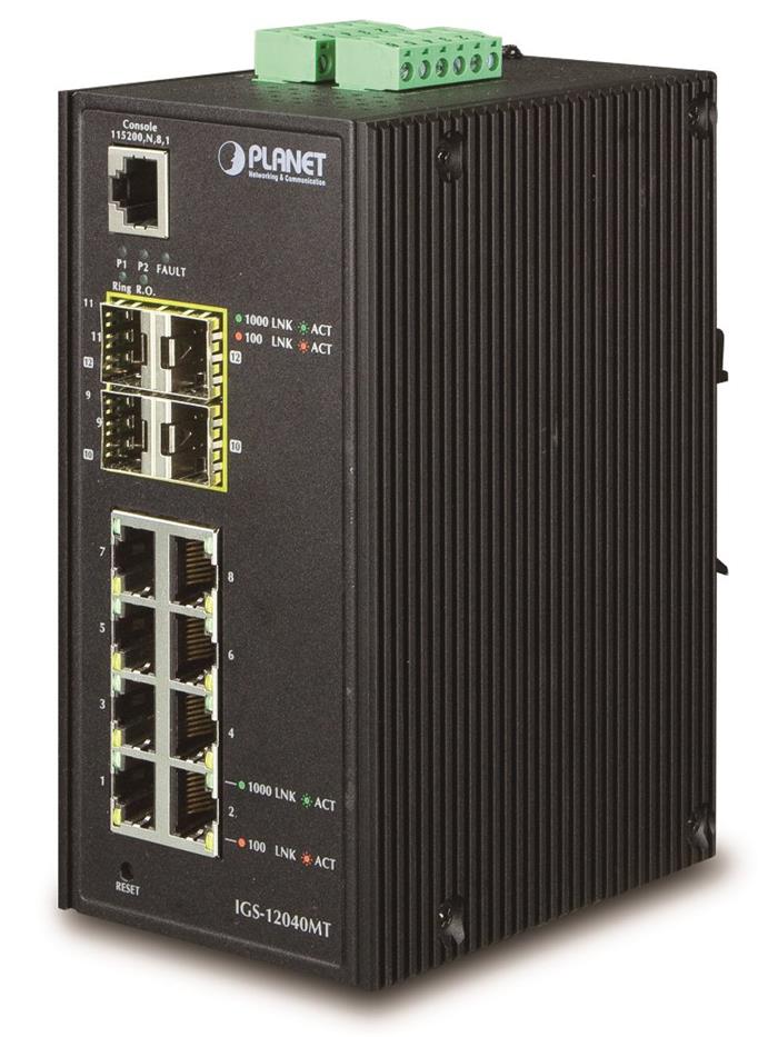 Planet IGS-12040MT, 8x 1000Base-T, 4x SFP, DIN, IP30, -40 až 75°C, WEB/SNMPv3, VLAN, IGMPv3, ESD+EFT, IPv6