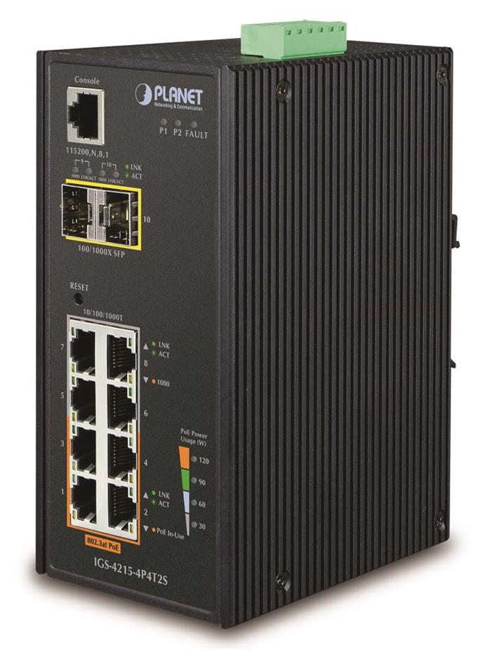 Planet IGS-4215-4P4T2S Gigabit PoE switch 4x TP+4x POE+ 2x SFP, 802.3af 140W,IP30, -40 až 75°C, SNMP,IGMPv3