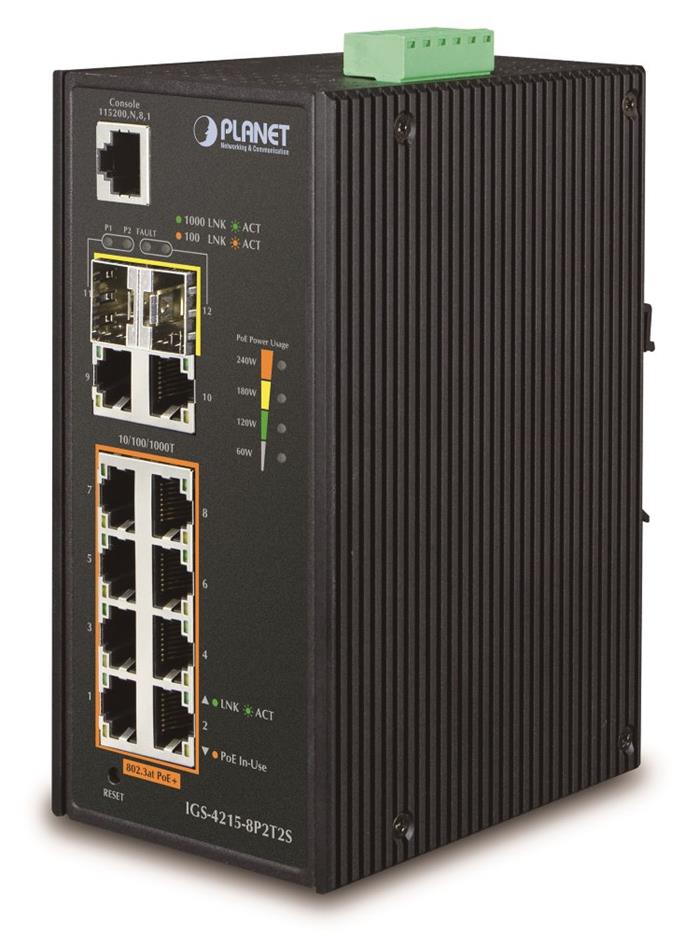 Planet IGS-4215-8P2T2S Gigabit PoE switch 10x TP (8x PoE)+ 2x SFP, 802.3at 240W,IP30, -40 až 75°C, SNMP