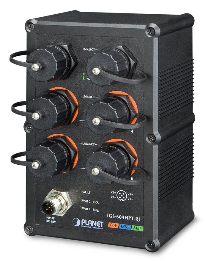 Planet IGS-604HPT, vodotěsný PoE switch 6x 1000Base-T z toho 4x PoE 802.3at <140W, EN50155,IP67,-40 až 75°C