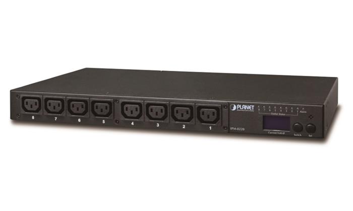 Planet IPM-8220, IP ovládání 8x zásuvek 230V/10A, LED+displej, wattmetry, možnost senzoru, rackmount 19/1U