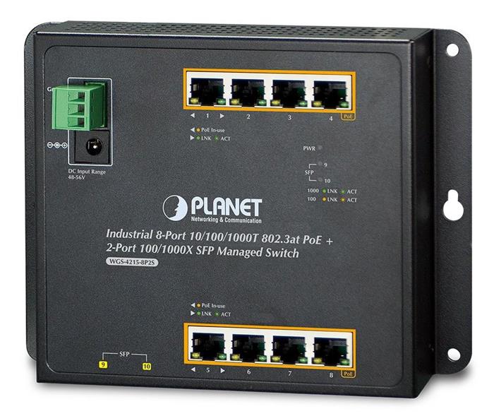 Planet WGS-4215-8P2S nástěnný PoE switch 8x1000B-T,2x SFP, Web/SNMP, 802.3at <200W,-40~75°C, fanless