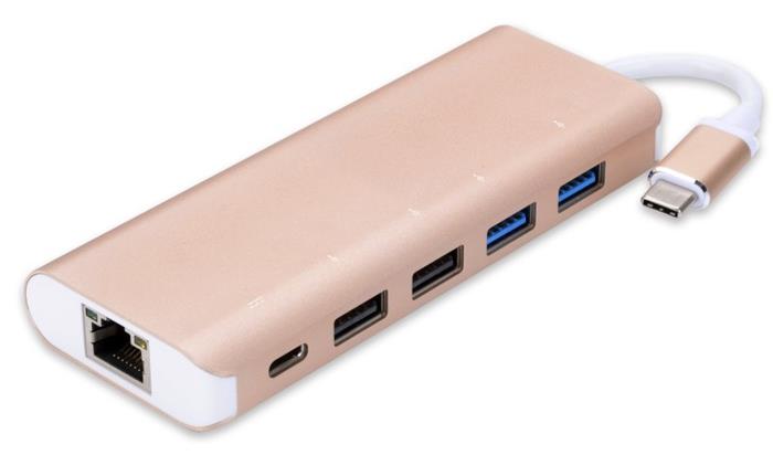 PremiumCord gigabitová síťová karta + USB 2.0 hub, USB-C 3.1