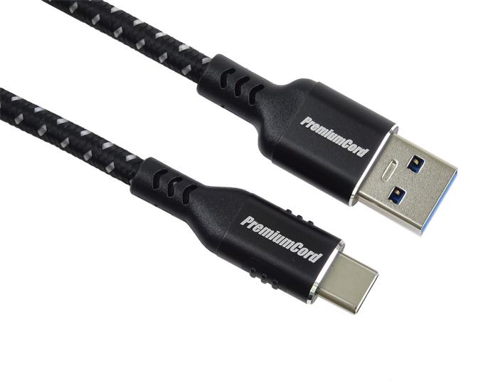 PremiumCord kabel USB -> USB-C, USB 3.0, 3A, 0.5m, bavlněný oplet a hliníkové konektory