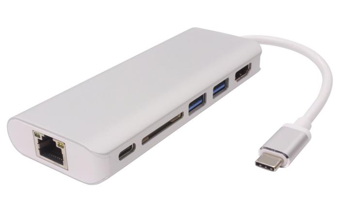 PremiumCord Převodník USB-C na HDMI + RJ45 + 2xUSB3.0 +SD card + PD