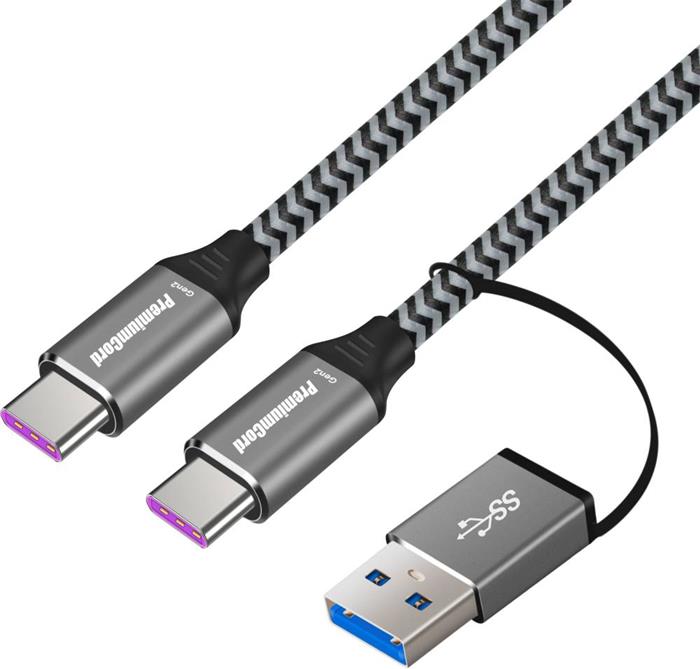 PremiumCord USB 3.2 propojovací USB-C kabel, 20Gbps, 100W, 2m, bavlněný oplet + USB-A redukce