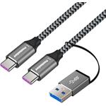 PremiumCord USB 3.2 propojovací USB-C kabel, 20Gbps, 100W, 2m, bavlněný oplet + USB-A redukce