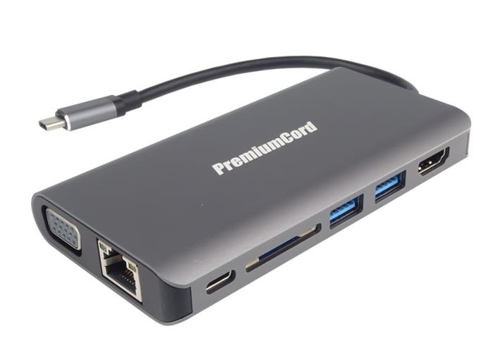 PremiumCord USB-C dock, 2x USB 3.0, GLAN, HDMI, VGA, SDHC, PD charge