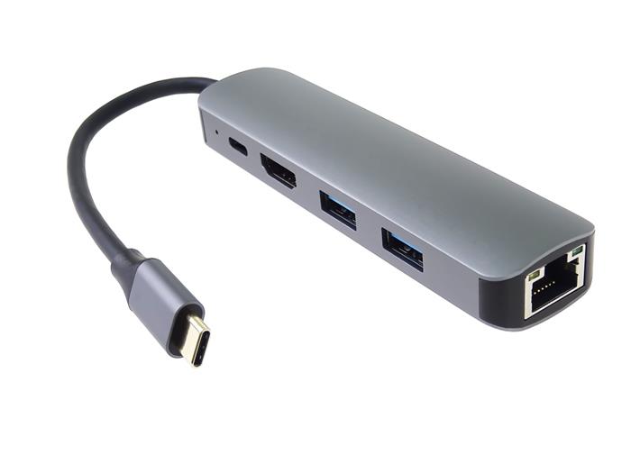 PremiumCord USB-C na HDMI + 2x USB3.2 + PD 100W+ RJ45 10/100/1000Mbps adaptér