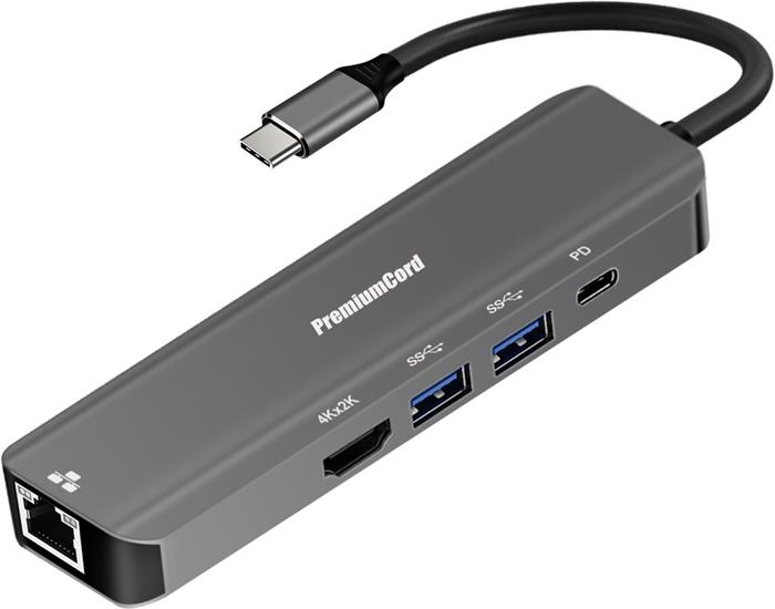 PremiumCord USB-C na HDMI + 2xUSB3.1 + PD 100W+ RJ45 10/100/1000Mbps adaptér