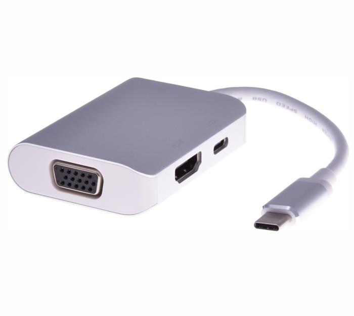 PremiumCord USB-C převodník na HDMI + VGA + PD charge, hliníkový