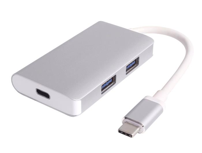 PremiumCord USB3.1 hub 2x USB3.0 + PD charge, hliníkové stříbrné pouzdro