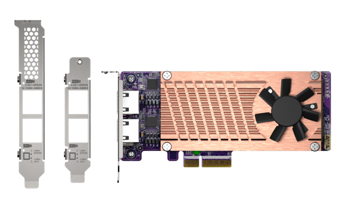 QNAP QM2 series, 2 x PCIe 2280 M.2 SSD slots, PCIe Gen3 x 4 , 2 x Intel I225LM 2.5GbE NBASE-T port