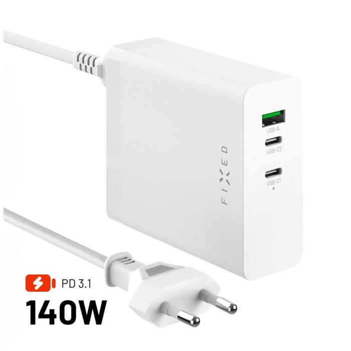 Síťová GaN nabíječka FIXED Charging Station s 2xUSB-C a USB výstupem, podpora PD 3.1, 140W, bílá