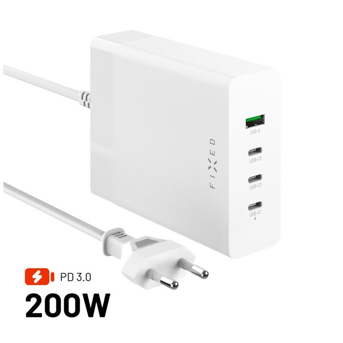 Síťová GaN nabíječka FIXED Charging Station s 3xUSB-C a USB výstupem, podpora PD 3.0, 200W, bílá