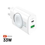 Síťová nabíječka FIXED Power Socket s USB-A a USB-C výstupem a vyklápěcí nabíječkou pro Apple Watch, 33W, bílá