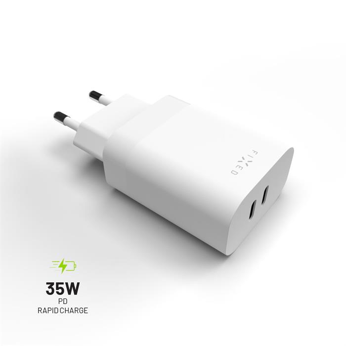 Síťová nabíječka FIXED s 2x USB-C výstupem, podpora PD, 35W, bílá