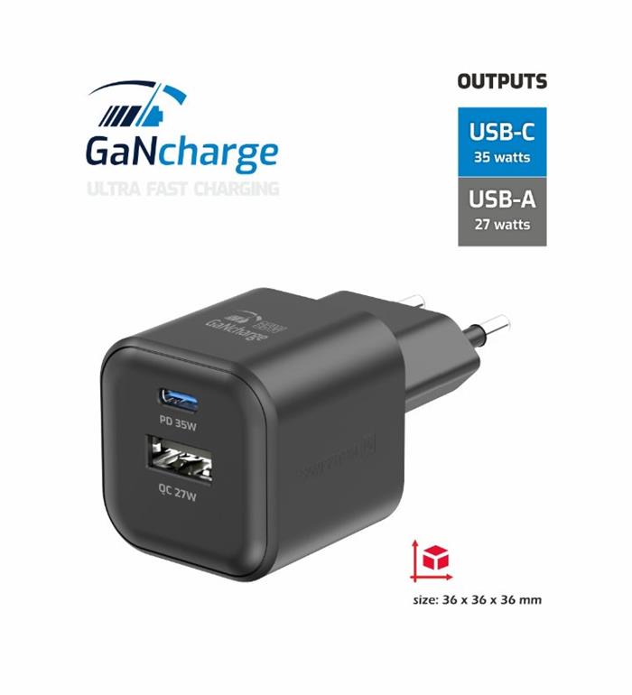 Swissten 35W GaN nabíječka, 1x USB-C, 1x USB, černá