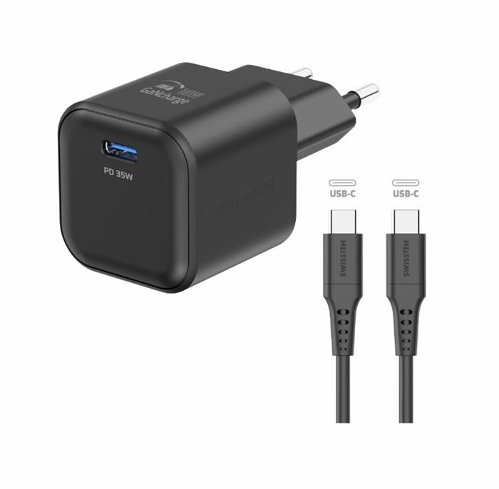 Swissten 35W GaN nabíječka, 1x USB-C, černá + kabel USB-C 1.2m