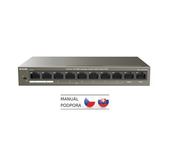 Tenda TEF1110P-8-63W PoE AT switch - 8x PoE 100 Mb/s + 2x Uplink 100 Mb/s, PoE max 63W, fanless