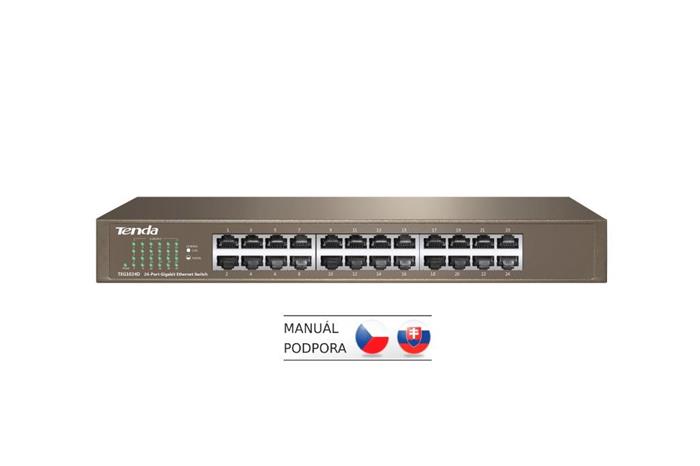 Tenda TEG1024D 24x Gigabit Switch, Fanless-bez ventilátorů, Rackmount, ochrana proti přepětí