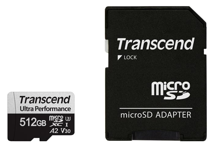 Transcend 512GB microSDXC 340S UHS-I U3 V30 A2 3D TLC (Class 10) paměťová karta (s adaptérem), 160MB/s R, 125MB/s W