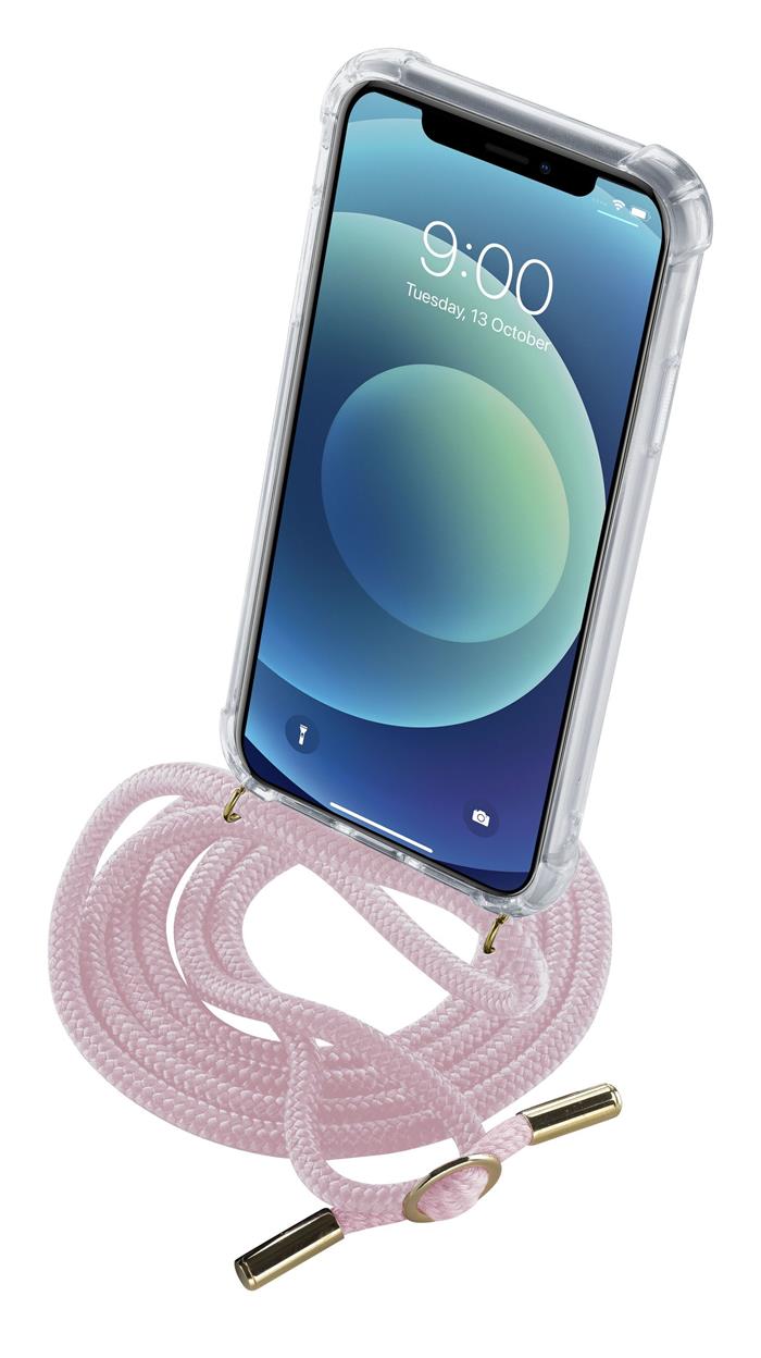 Transparentní zadní kryt Cellularline Neck-Case s růžovou šňůrkou na krk pro Apple iPhone 12 MINI