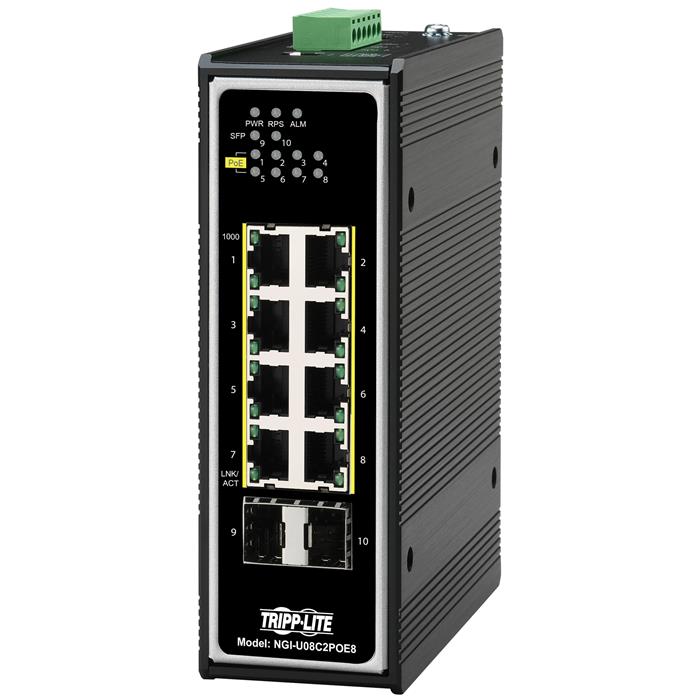 Tripplite Unmanaged Ethernet Switch, 8x10/100/1000Mb/s,2GbE SFP, PoE+30W, -40°+75°C, DIN