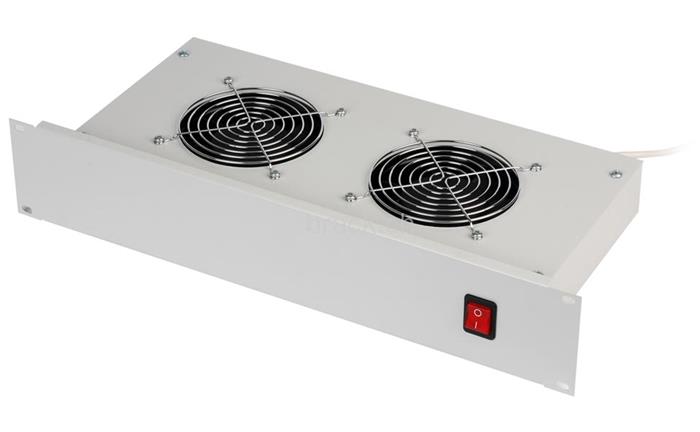 Ventilační jednotka 19" horizontální 220V/30W, 2U, 2x ventil, termostat, šedá